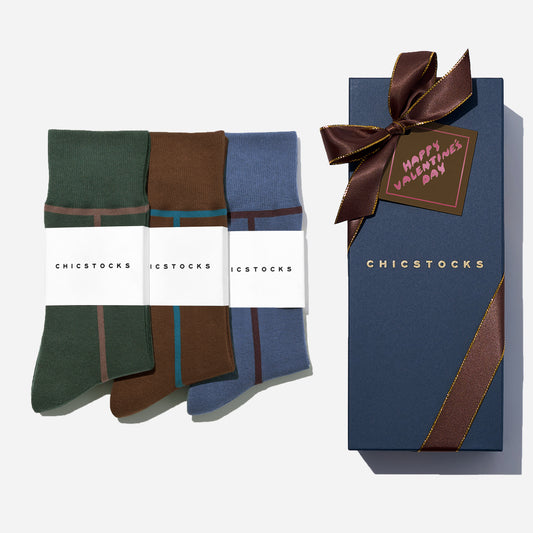 【バレンタイン】  ラインソックス  3足ギフトボックス(手提げ付き)  全7色