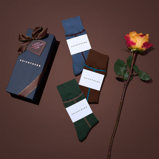 【バレンタイン】  ラインソックス  3足ギフトボックス(手提げ付き)  全7色